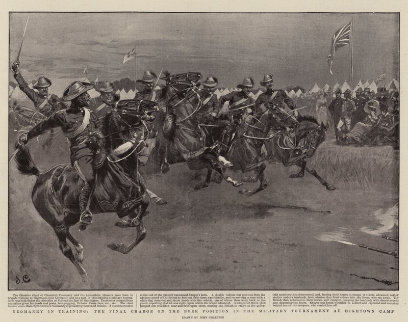 Yeomanry in Training, de laatste aanval op de Boerenpositie in het militaire toernooi in Hightown Camp door John Charlton