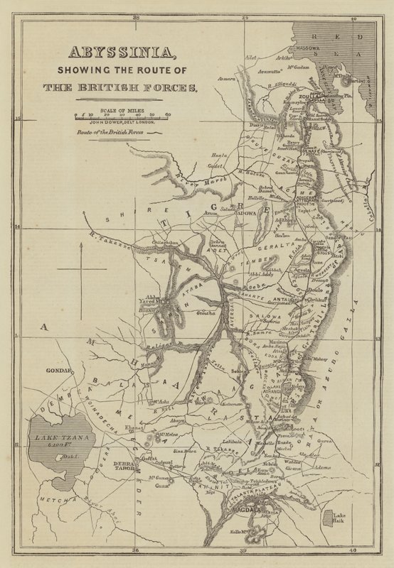 Abyssinië, de route van de Britse troepen tonend door John Dower