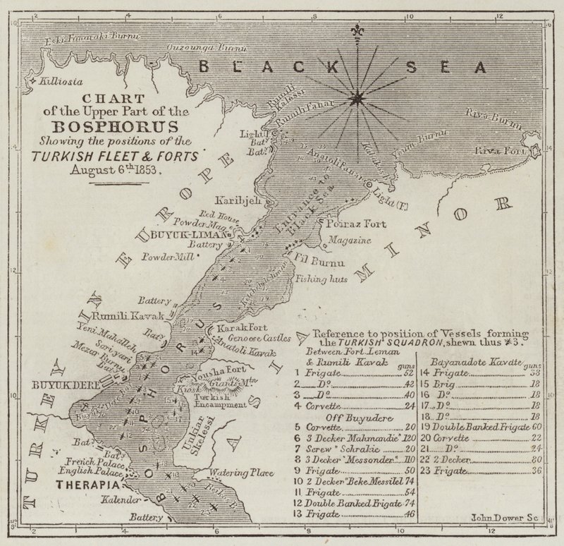 Kaart van de posities van de schepen van de Turkse vloot in de Bosporus door John Dower
