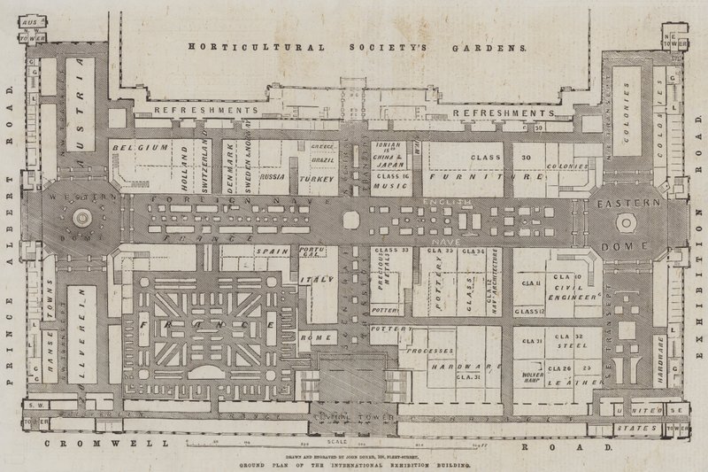 Grondplan van het gebouw van de Internationale Tentoonstelling door John Dower