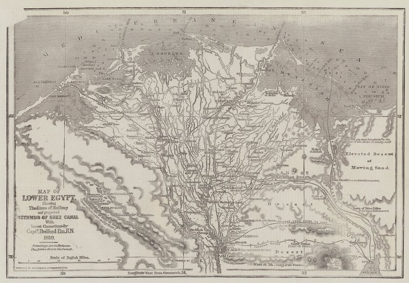 Kaart van Neder-Egypte, met de spoorlijnen en het geplande Suezkanaal door John Dower