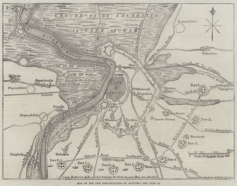 Kaart van de nieuwe vestingwerken van Antwerpen door John Dower