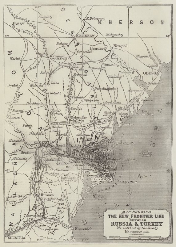 Kaart met de nieuwe grenslijn tussen Rusland en Turkije zoals vastgesteld door het verdrag, 30 maart 1856 door John Dower