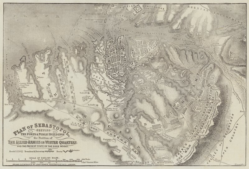 Plan van Sebastopol, met de forten en openbare gebouwen en de positie van de geallieerde legers in winterkwartieren door John Dower