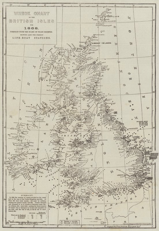 Wrakkenkaart van de Britse Eilanden voor 1868 door John Dower