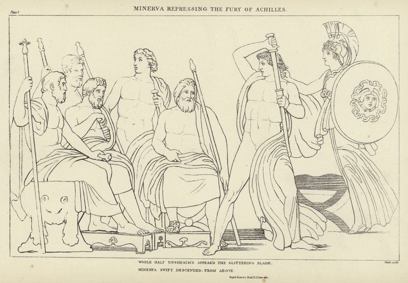 Minerva onderdrukt de woede van Achilles door John Flaxman