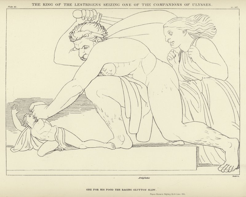 De koning van de Lestrigenen grijpt een van de metgezellen van Ulysses door John Flaxman