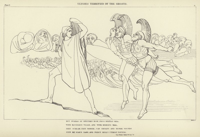 Odysseus bang voor de geesten door John Flaxman