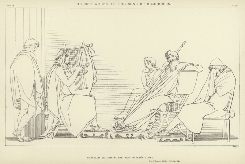 Ulysses huilt bij het lied van Demodocus door John Flaxman