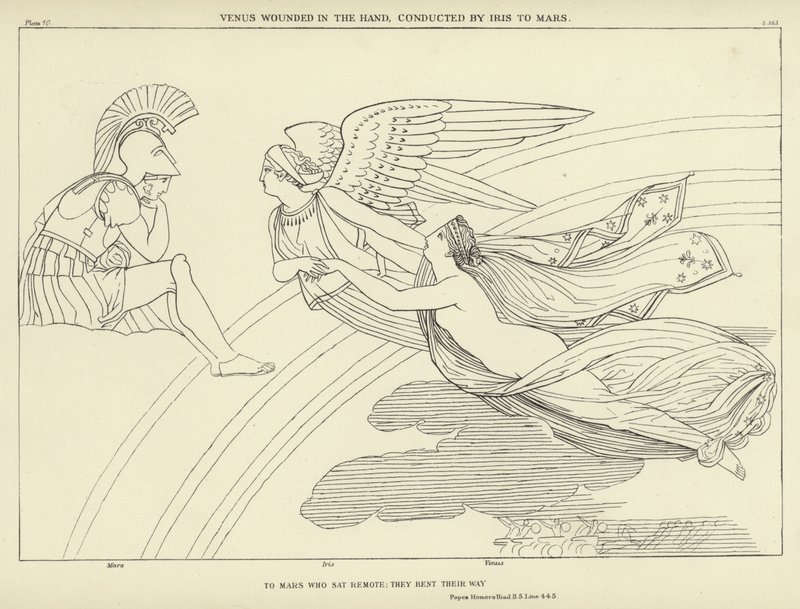 Venus gewond aan de hand, begeleid door Iris naar Mars door John Flaxman