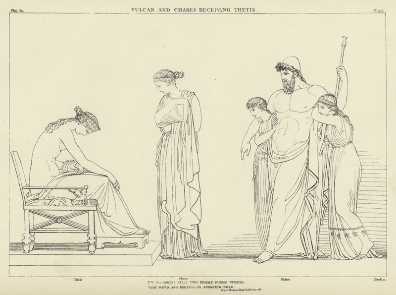 Vulcanus en Chares ontvangen Thetis door John Flaxman