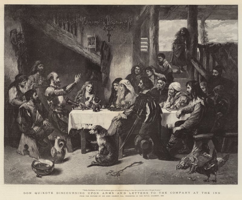 Don Quichot spreekt over wapens en brieven aan het gezelschap in de herberg door John Gilbert