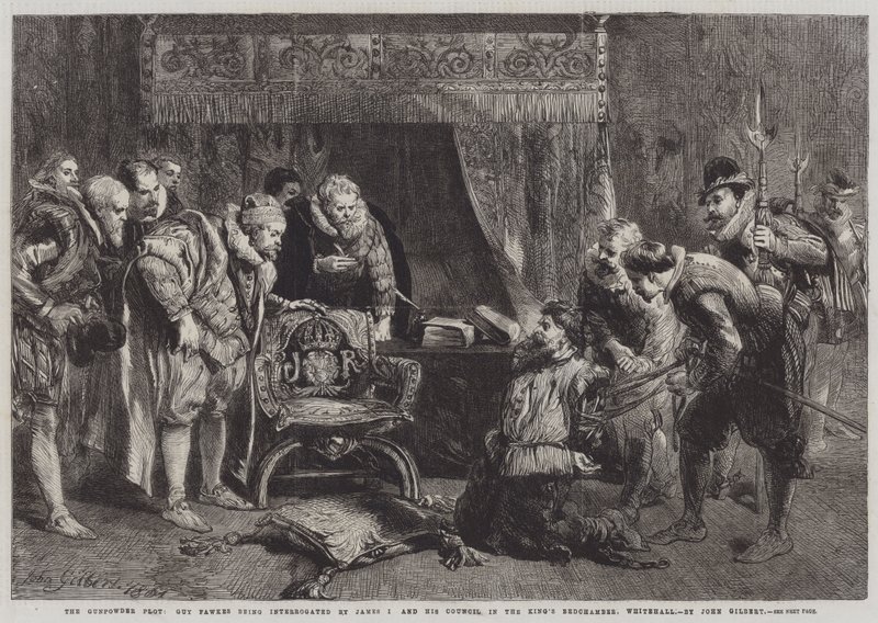 Het Buskruitverraad, Guy Fawkes ondervraagd door James I en zijn Raad in de slaapkamer van de koning, Whitehall door John Gilbert