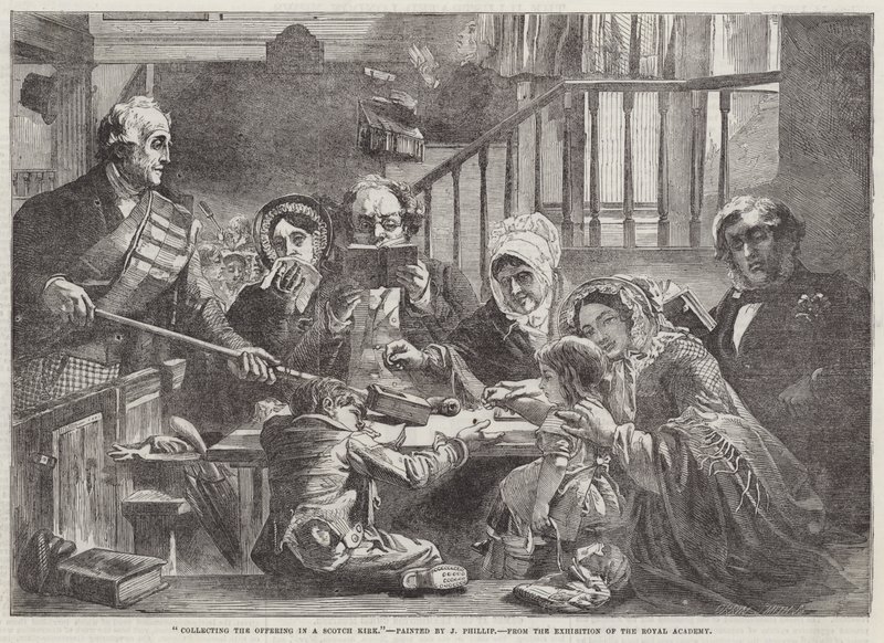 Het Verzamelen van de Offerande in een Schotse Kerk door John Phillip