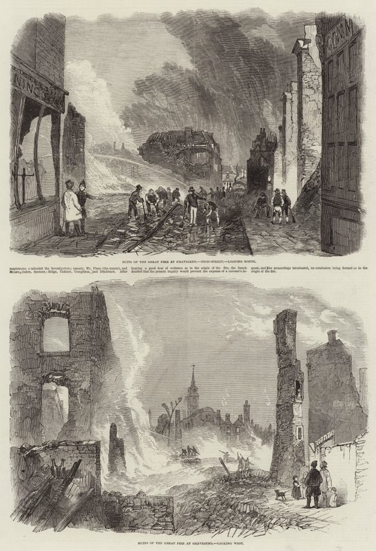 Ruïnes van de grote brand in Gravesend door John Skinner Prout