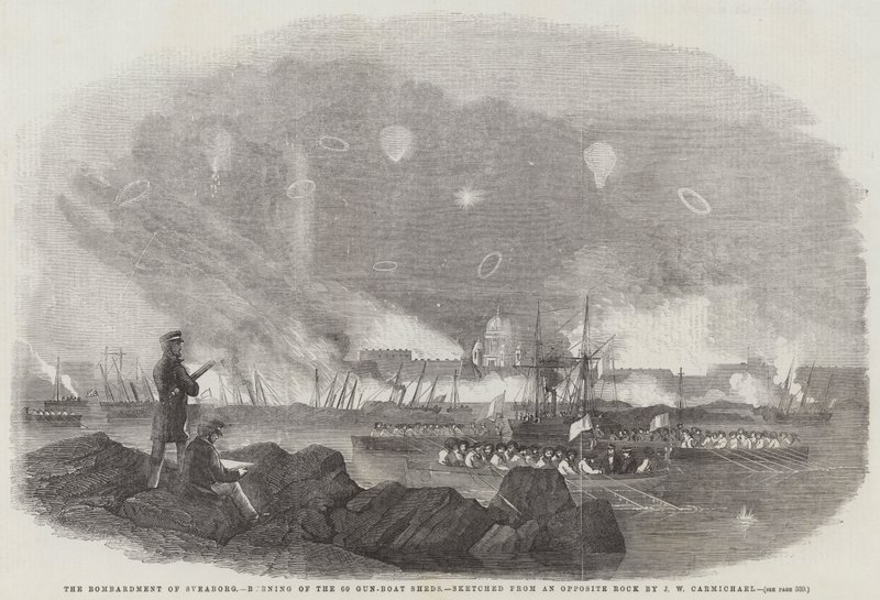 Het bombardement van Sveaborg, brand van de 60 kanonneerbootloodsen, geschetst vanaf een tegenoverliggende rots door John Wilson Carmichael