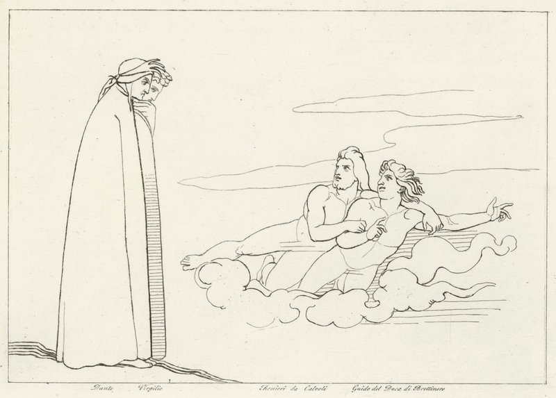 Een Gesprek met Guido Di Brettinoro, Vagevuur, Canto 14 (gravure) door John (after) Flaxman