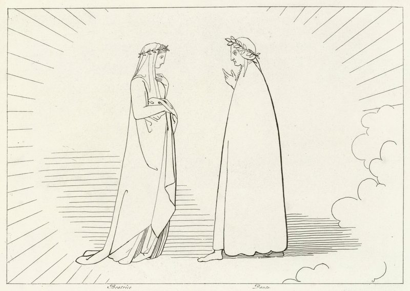 Beatrice en Dante, Paradijs, Canto 7 door John (after) Flaxman