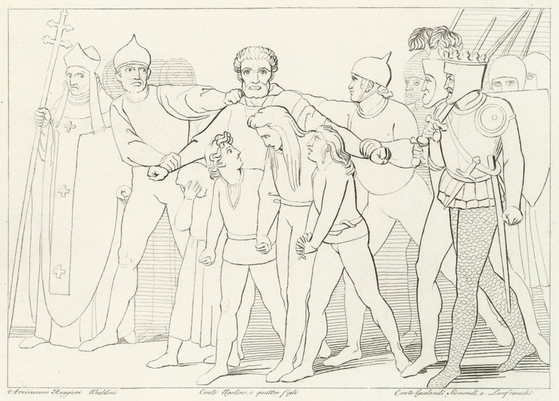 Graaf Ugolino Gevangen, Inferno, Canto 33 (gravure) door John (after) Flaxman
