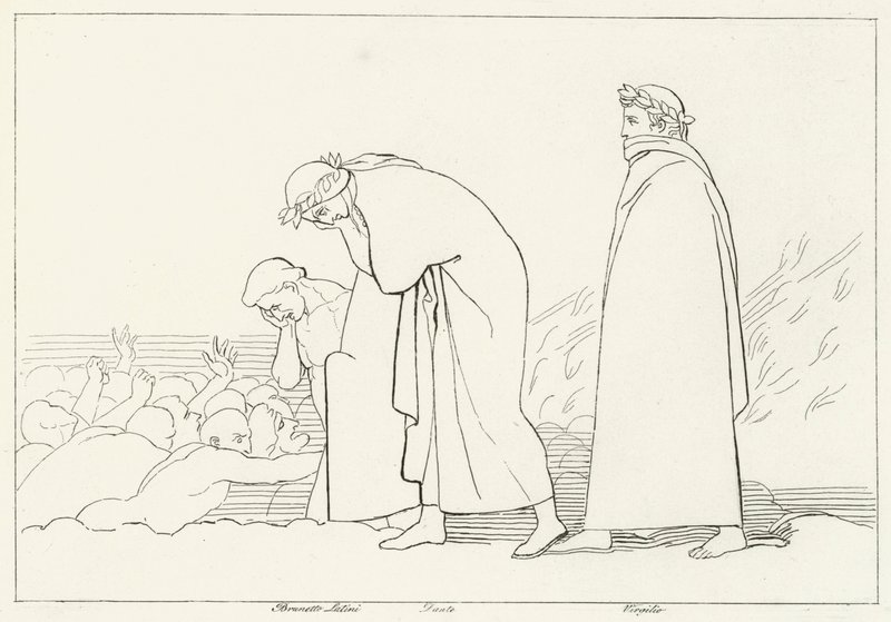 Dante in Gesprek met zijn Leraar, Inferno, Canto 15 (gravure) door John (after) Flaxman