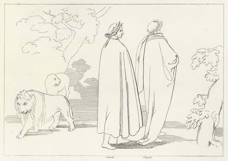 Het betreden van het donkere woud, Inferno, Canto 1 door John (after) Flaxman