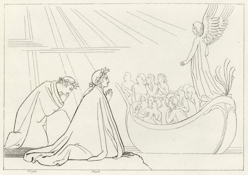 De Bark van de Louteringsberg, Louteringsberg, Canto 2 (gravure) door John (after) Flaxman