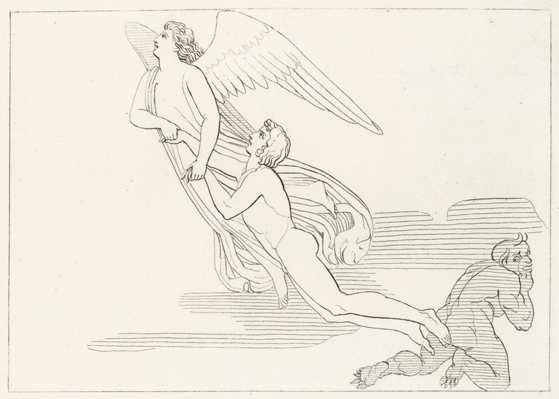 De Bevrijding van Buonaconte, Vagevuur, Canto 5 (gravure) door John (after) Flaxman