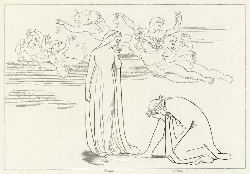 De Afdaling van Beatrice, Louteringsberg, Canto 30 (gravure) door John (after) Flaxman