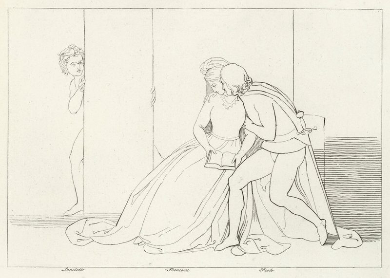 De Geliefden Verrast, Inferno, Canto 5 (gravure) door John (after) Flaxman