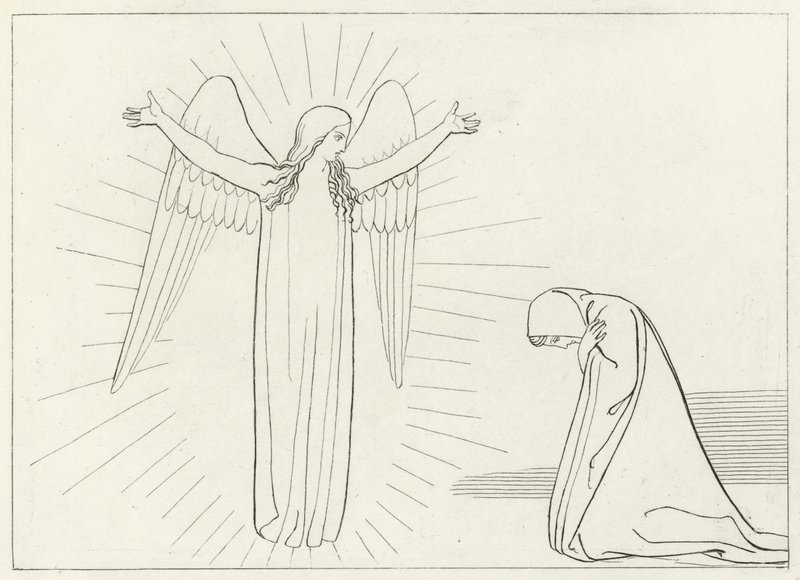 De Begroeting, Vagevuur, Canto 10 (gravure) door John (after) Flaxman