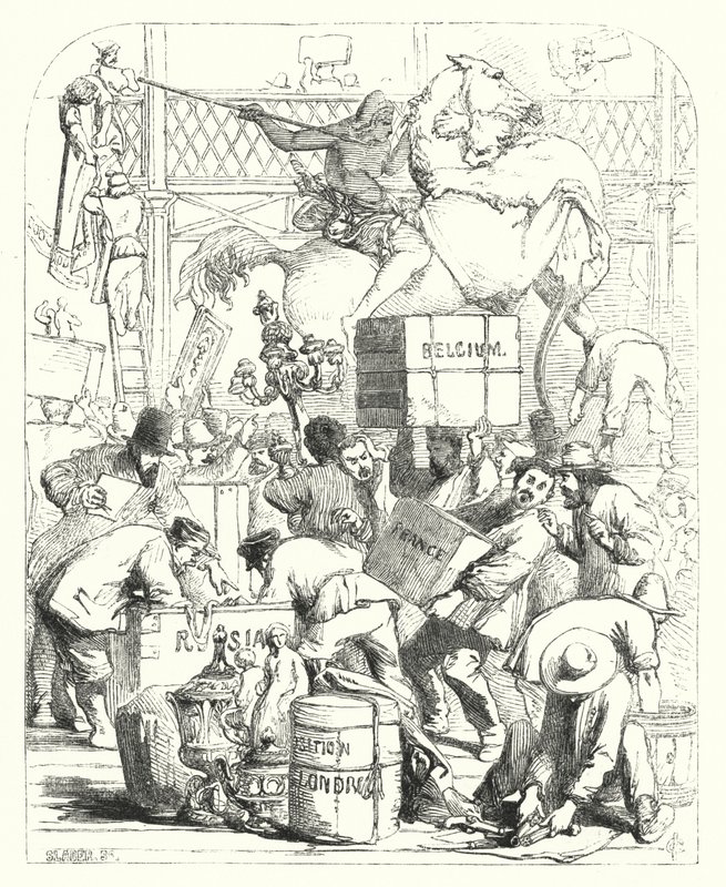 Aankomst van goederen voor de Grote Tentoonstelling van 1851, Crystal Palace, Hyde Park, Londen (gravure) door John (after) Gilbert