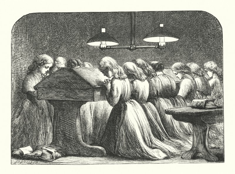 Avondgebed op een meisjesschool (gravure) door John (after) Gilbert