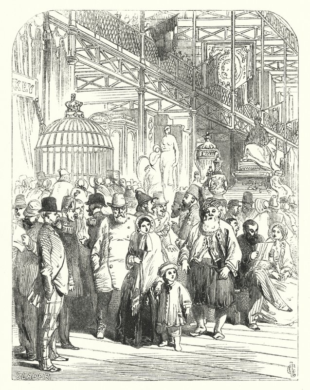 Exposanten en bezoekers in het Crystal Palace, Hyde Park, Londen, locatie van de Grote Tentoonstelling van 1851 (gravure) door John (after) Gilbert