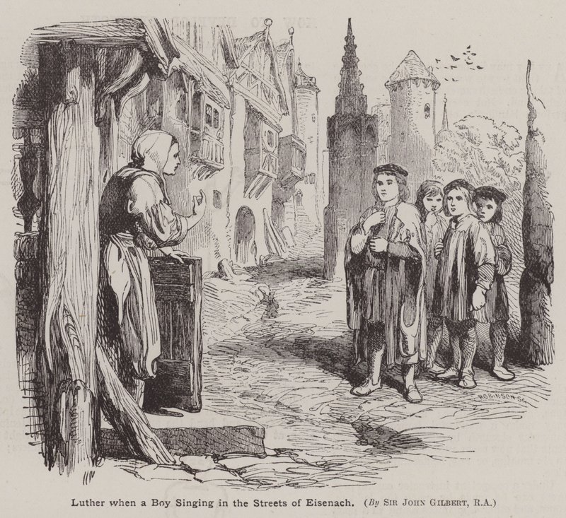 Maarten Luther als jongen zingend in de straten van Eisenach door John (after) Gilbert