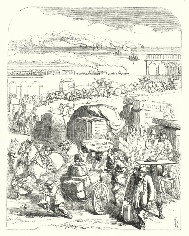 Schepen en treinen brengen bezoekers naar de Grote Tentoonstelling van 1851, Crystal Palace, Hyde Park, Londen (gravure) door John (after) Gilbert
