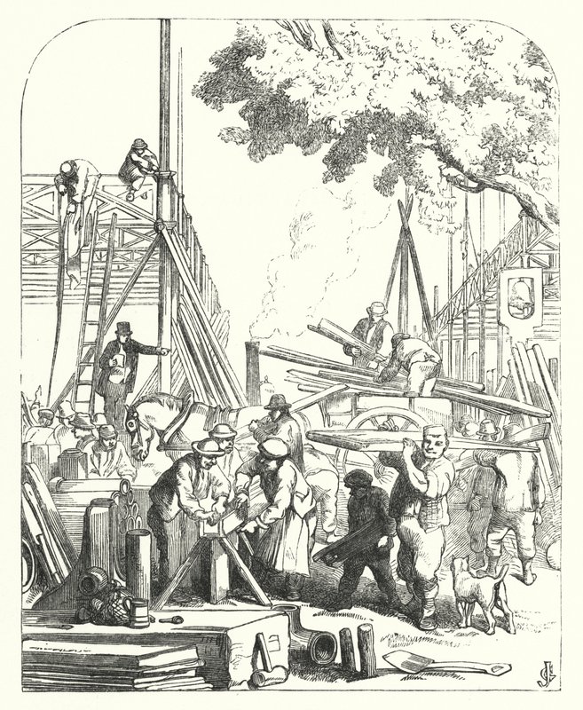 Arbeiders op de bouwplaats van het Crystal Palace, Hyde Park, Londen, locatie van de Grote Tentoonstelling van 1851 door John (after) Gilbert