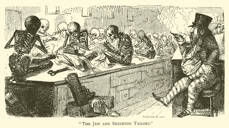 De Jood en skeletkleermakers (gravure) door John (after) Leech