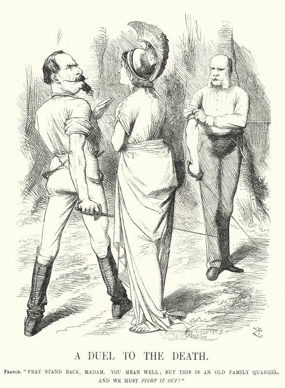 Punch cartoon: Een duel op leven en dood - de Frans-Duitse Oorlog (gravure) door John (after) Tenniel