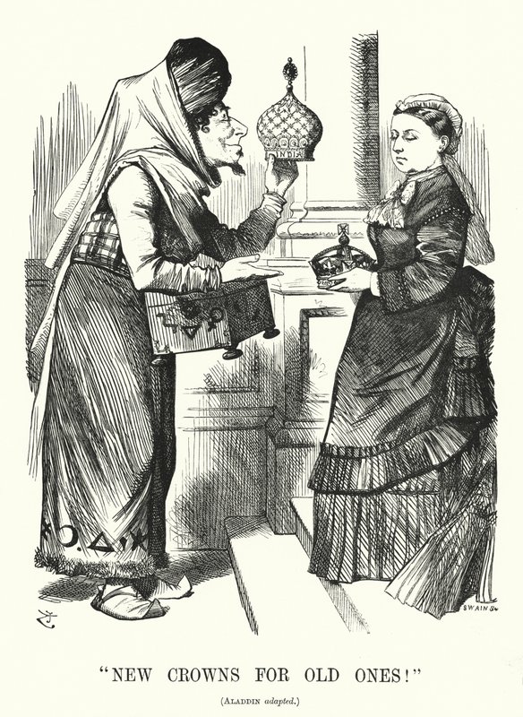 Punch cartoon: Nieuwe kronen voor oude. Benjamin Disraeli (als Aladdin) met koningin Victoria - de Royal Titles Act 1876 die de koningin erkent als keizerin van India (gravure) door John (after) Tenniel