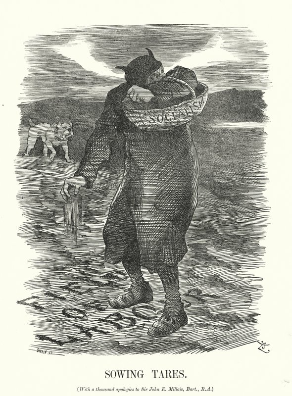 Punch cartoon: Onkruid Zaaien - de angst voor de verspreiding van het socialisme onder Britse arbeiders door John (after) Tenniel
