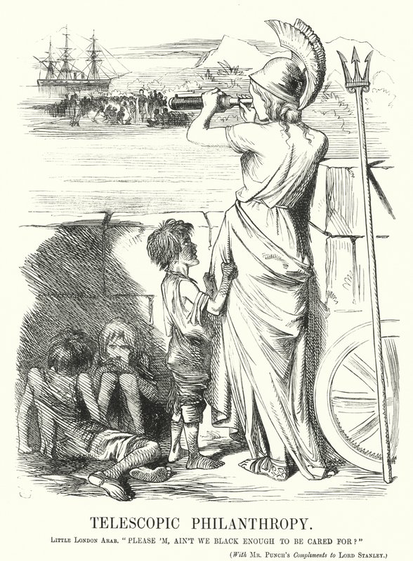 Punch cartoon: Telescopische Filantropie - de preoccupatie van de Victoriaanse middenklasse met hulp voor de armen in het buitenland in plaats van thuis door John (after) Tenniel