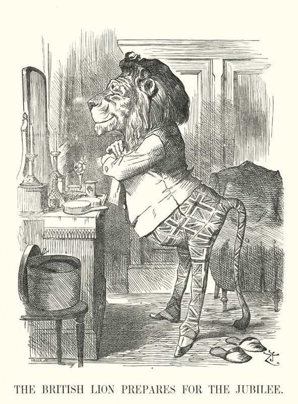Punch cartoon: De Britse leeuw bereidt zich voor op het jubileum - Gouden Jubileum van koningin Victoria door John (after) Tenniel