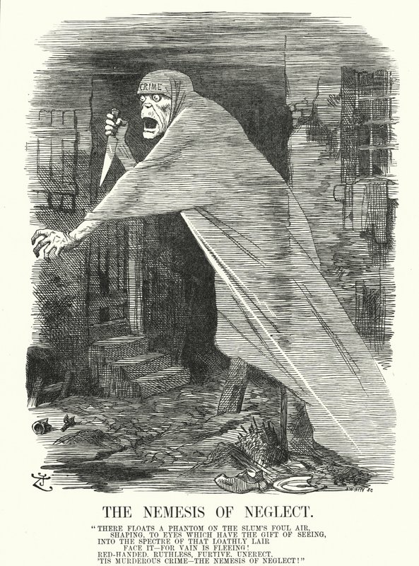Punch cartoon: De Nemesis van verwaarlozing - armoede en misdaad in Londen ten tijde van de Jack the Ripper-moorden (gravure) door John (after) Tenniel