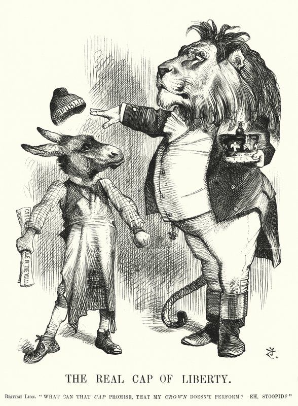 Punch cartoon: De echte Vrijheidsmuts - de superioriteit van de constitutionele monarchie van Groot-Brittannië boven het republicanisme (gravure) door John (after) Tenniel