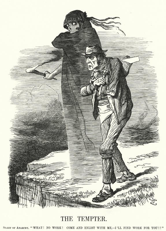 Punch cartoon: De verleider - verleiding van anarchisme voor de werklozen (gravure) door John (after) Tenniel