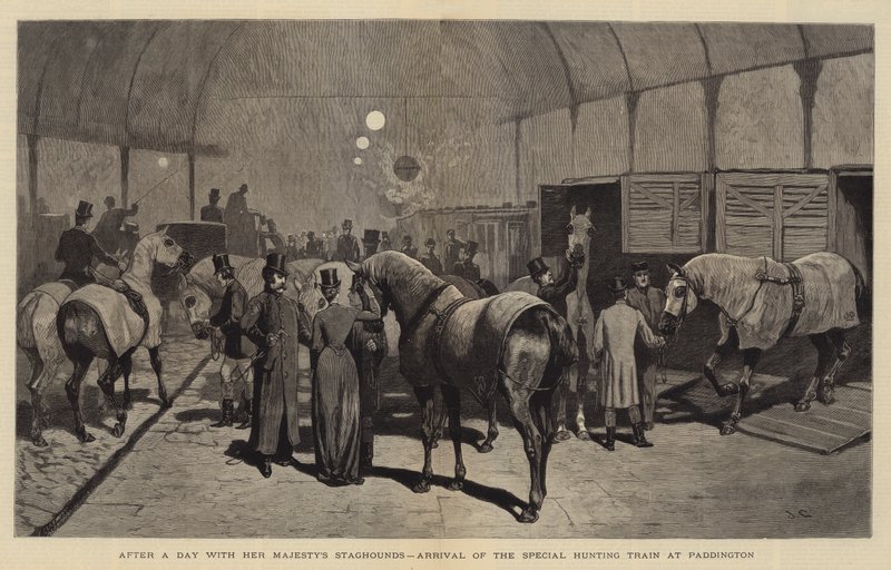 Na een dag met de Staghounds van Hare Majesteit, aankomst van de speciale jachttrein op Paddington door John Charles Dollman
