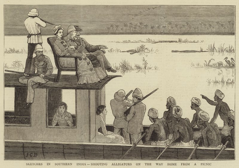 Schetsen in Zuid-India, Alligators schieten op de Weg naar Huis van een Picknick door John Charles Dollman