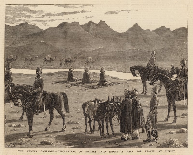 De Afghaanse Campagne, Deportatie van Sirdars naar India, een Halt voor Gebed bij Zonsondergang door John Charles Dollman