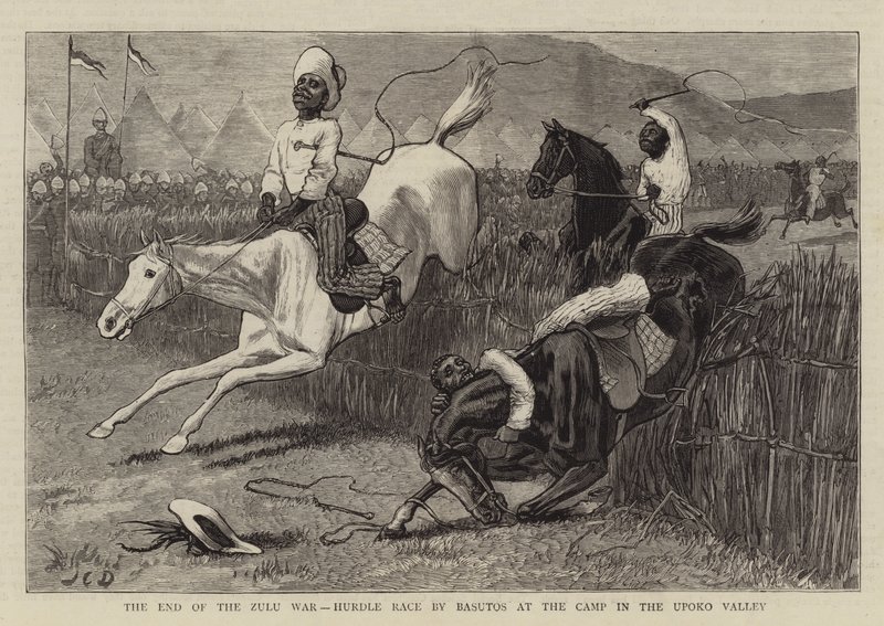 Het einde van de Zoeloe-oorlog, hindernisrace door Basutos in het kamp in de Upoko-vallei door John Charles Dollman