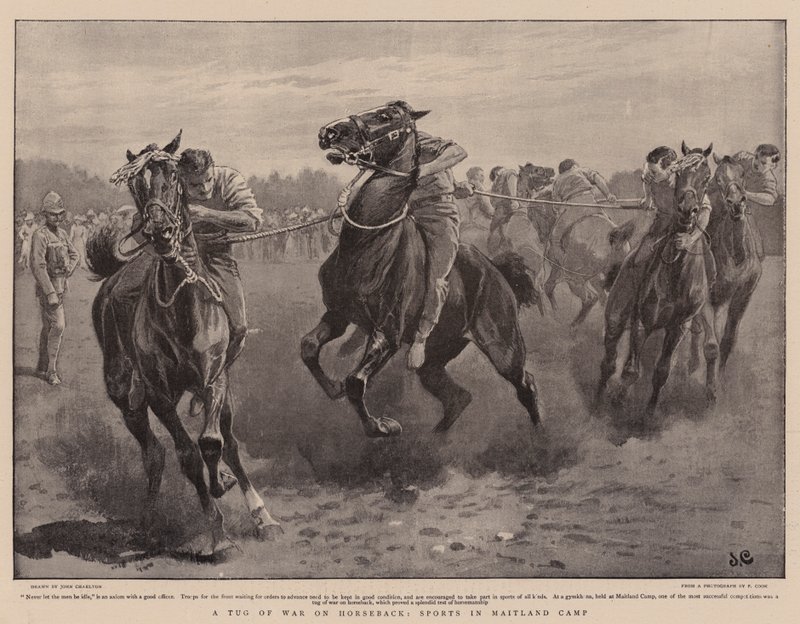 Een touwtrekwedstrijd te paard, sporten in Maitland Camp door John Charlton